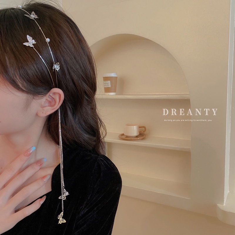 Băng Đô Cài Tóc Đính Đá Hình Bướm Tua Rua Phong Cách Mori Nhật Bản Thời Trang Cho Nữ