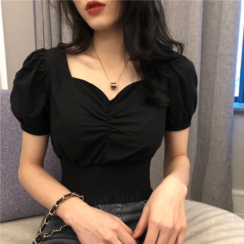 SUXI Áo nữ tay ngắn màu trơn phong cách retro Hàn Quốc