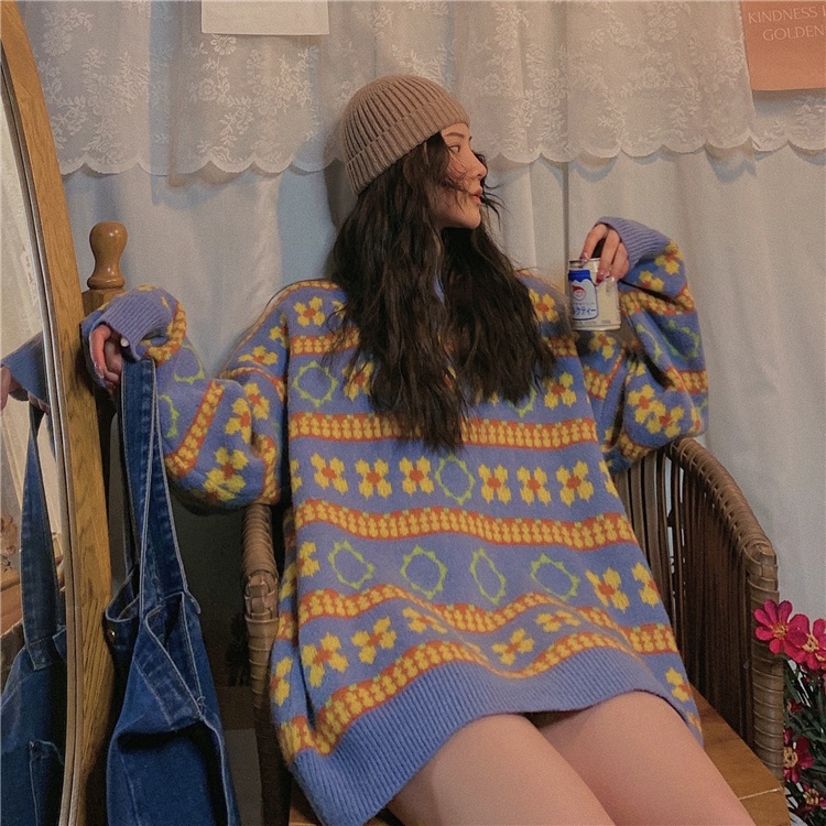 Áo kiểu thời trang SUXI vải dệt kim tay dài hoạ tiết kẻ hoa văn phong cách retro