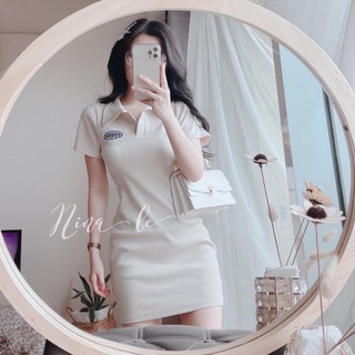 Váy body thun trắng / hồng / đen / nude thêu gấu cổ polo