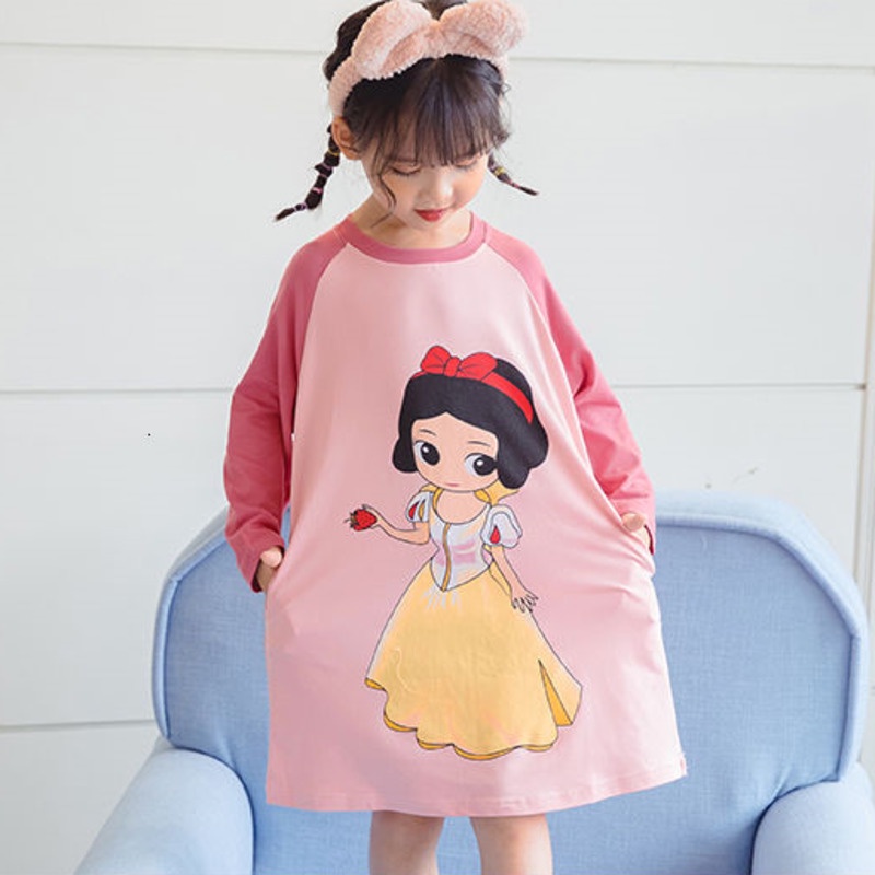 Đầm ngủ tay dài cổ tròn chất liệu cotton thoáng khí in họa tiết hoạt hình phong cách Hàn Quốc dành cho bé gái