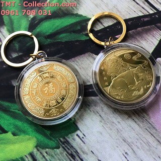 Móc khóa Xu con Trâu Mạ Vàng; bằng Niken mạ vàng, sáng bóng, chạm khắc rõ nét; Đường kính của xu là 5cm- SP002384