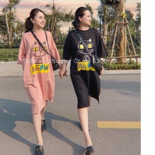 Váy suông in hình chú mèo meo xẻ tà chất đẹp điệu đà
