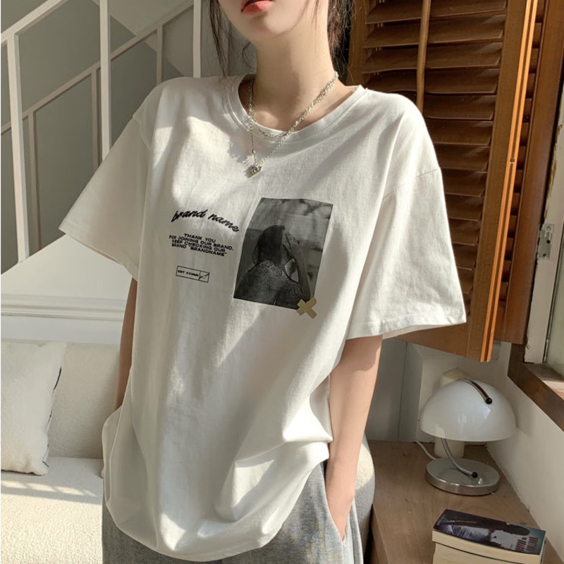 Áo Thun Cổ Tròn Dáng Rộng In Họa Tiết Thời Trang Mùa Hè Phong Cách Hàn Quốc Mới
