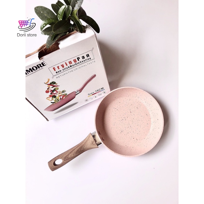 Chảo Chống Dính Vân Đá Hoa Cương, Chảo Cán Gỗ Size 16-24-26cm Cao Cấp Dùng Mọi Loại Bếp