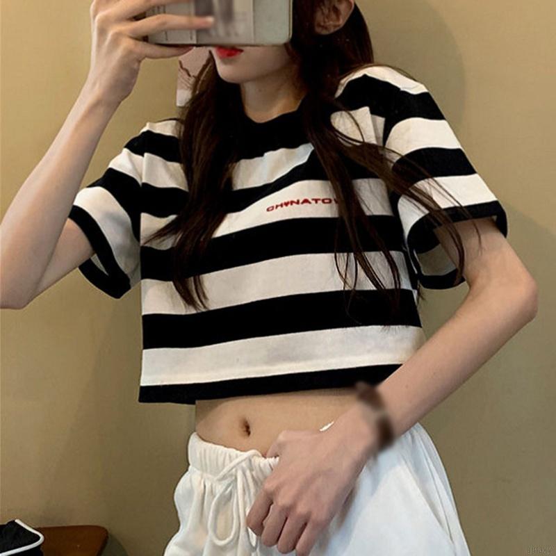 Áo Thun Tay Ngắn Dáng Rộng Kẻ Sọc Ngang Trẻ Trung Phong Cách Hàn Quốc Cho Nữ