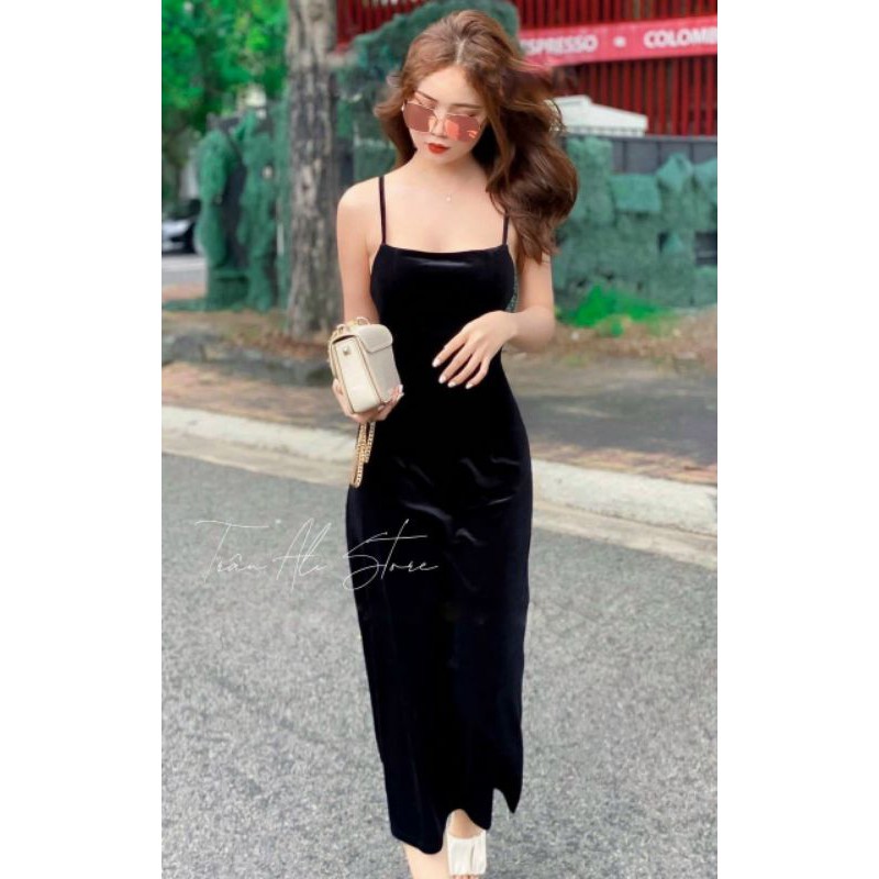 Đầm nhung 2 dây hở lưng