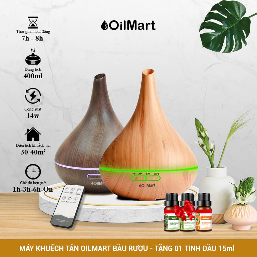 Máy Khuếch Tán Tinh Dầu Oilmart Bầu Rượu - 14W 400ml (Kèm Điều Khiển)