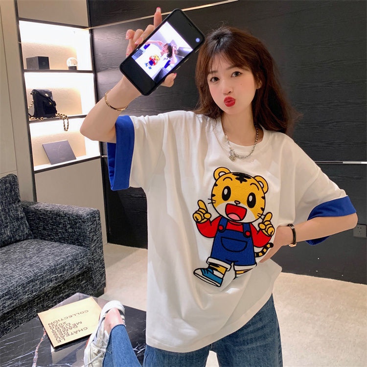 Áo Thun Tay Ngắn Cổ Tròn Dáng Rộng Thêu Họa Tiết Hoạt Hình Phong Cách Hàn Quốc Thời Trang Mùa Hè