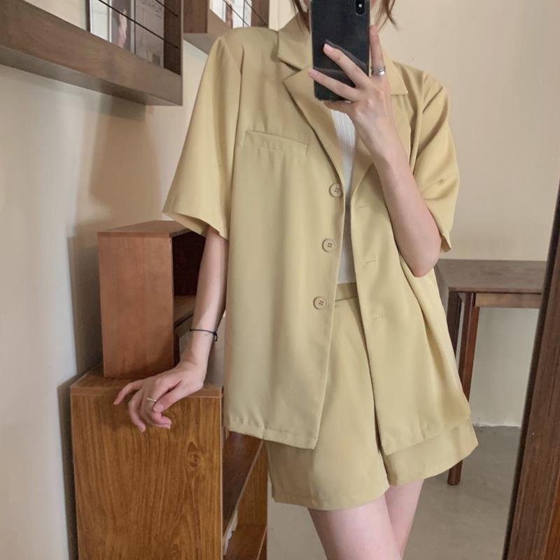 Summer 2021 New Style Short Sleeve Casual Suit Jacket Women + Loose High Waist Shorts Two Piece Suit / One Piece[delivery Within 3 Days ]