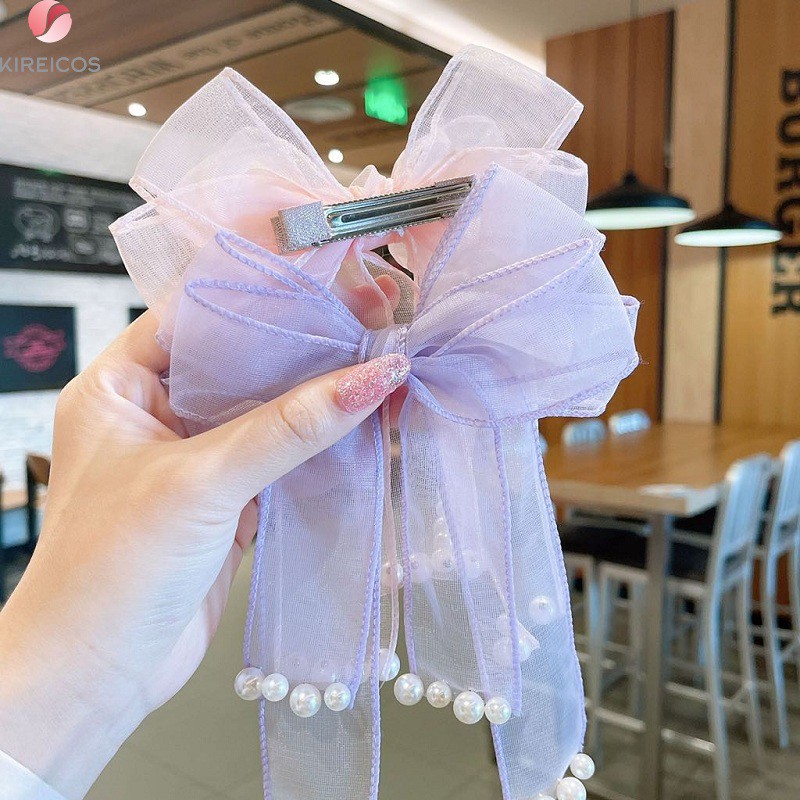 Kẹp Tóc Nơ Voan Tiên Nữ Đính Châu Tua Rua Xinh Xắn Lãng Mạn