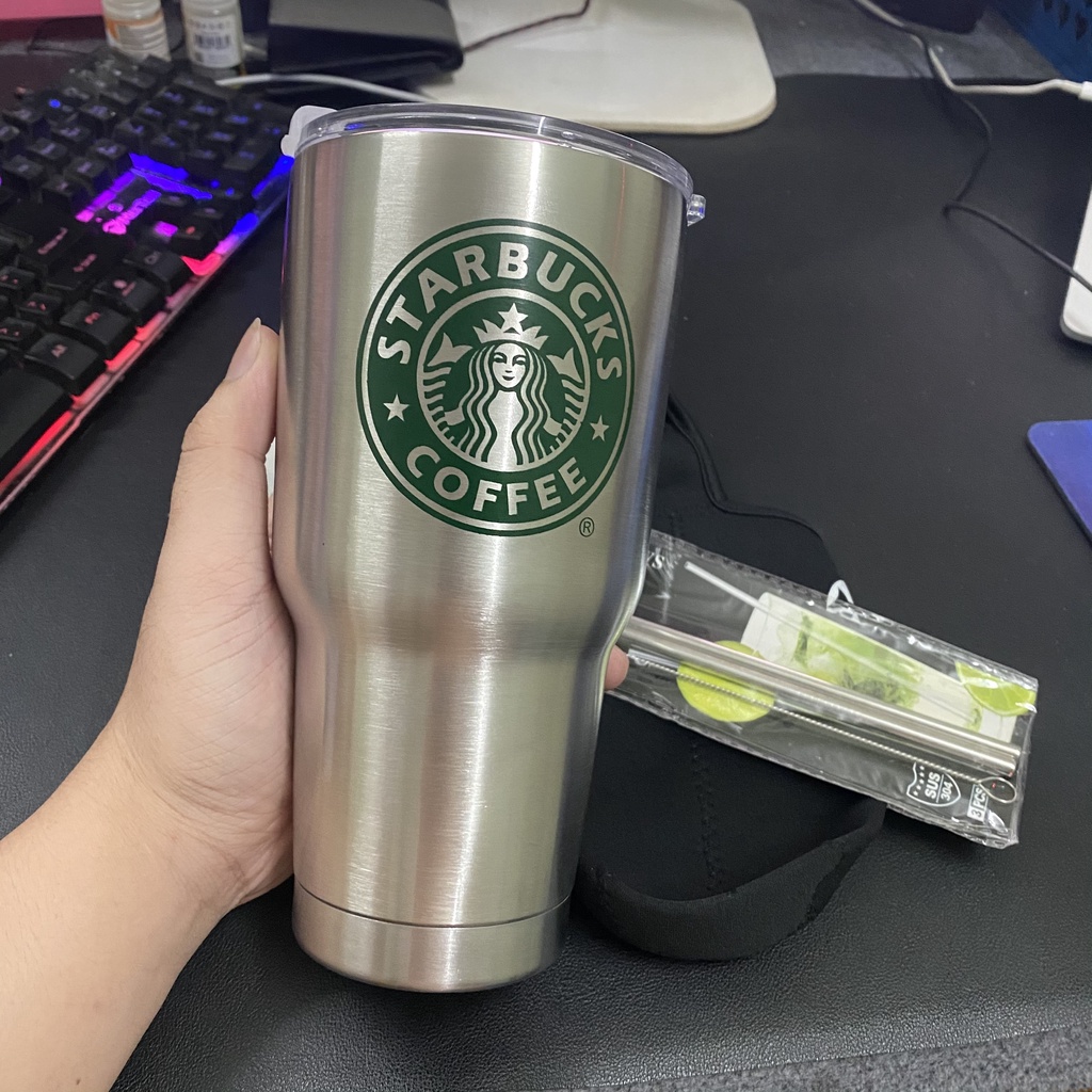 Cốc Giữ Nhiệt Logo Starbuck 900ml , Tặng Kèm Ống Hút, Thanh Cọ Rửa Và Túi Đựng - Tiện Lợi Cho Mang Xách