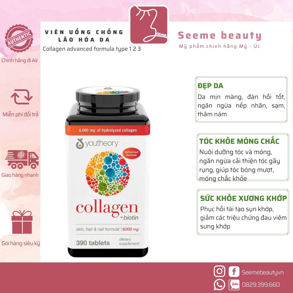 Viên Uống Youtheory Collagen Advanced 390 Viên collagen Type 1,2&3 - Mẫu mới cao cấp