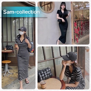 Đầm polo kẻ đen dáng dài cộc tay 💥Đầm body cổ đức dáng dài