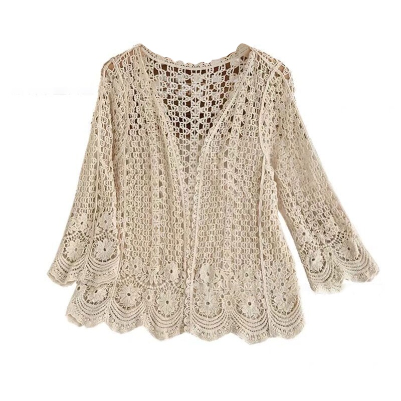 Áo Khoác Cardigan Dệt Kim Tay Dài Khoét Lỗ Hở Phía Trước Họa Tiết Hoa