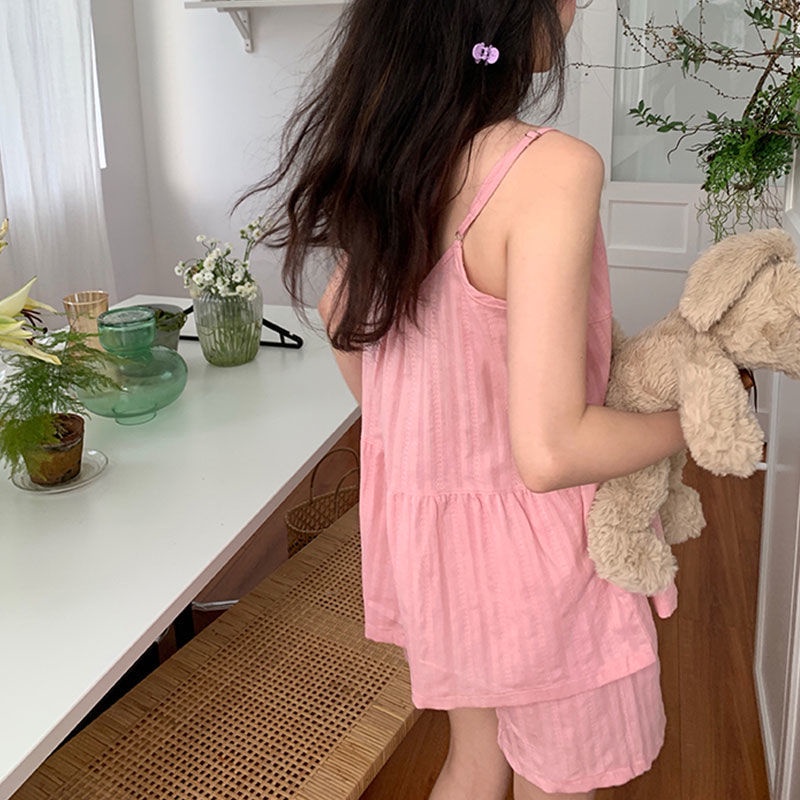 Bộ Đồ Ngủ Áo Hai Dây Và Quần Ngắn Màu Trơn Thời Trang Mùa Hè Hàng Mới Dành Cho Bạn Nữ