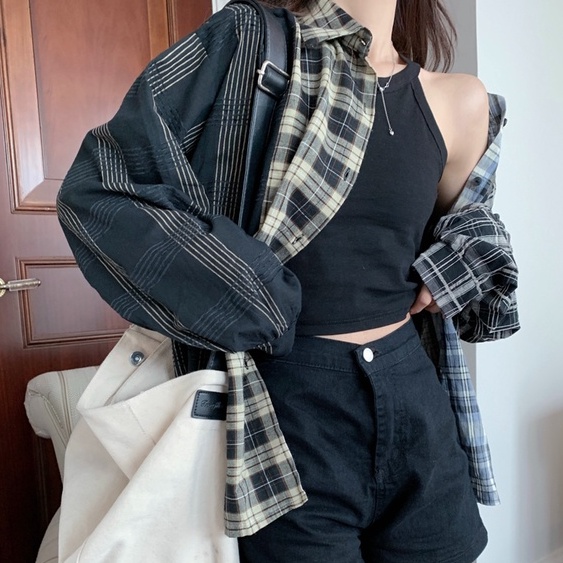 Áo Sơ Mi Tay Dài Dáng Rộng Họa Tiết Kẻ Sọc Theo Phong Cách Retro Mỹ Dễ Phối