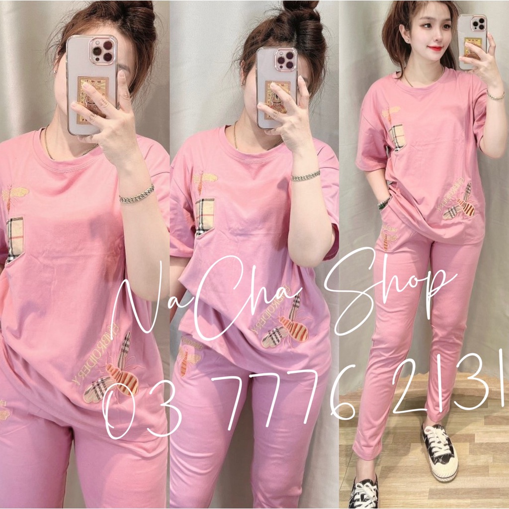 Đồ Bộ Tay Ngắn QUần Dài Thêu Con Ong, Vải Thun coton cực Đẹp, dày dặn, thấm mồ hôi