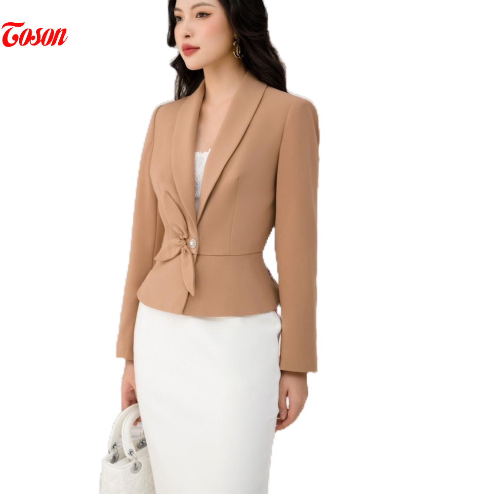 Áo vest be tuýp Si hàn, cổ ve bầu, cổ ve bầu, cúc cài, đính nơ lá thủ công Toson 84979E82