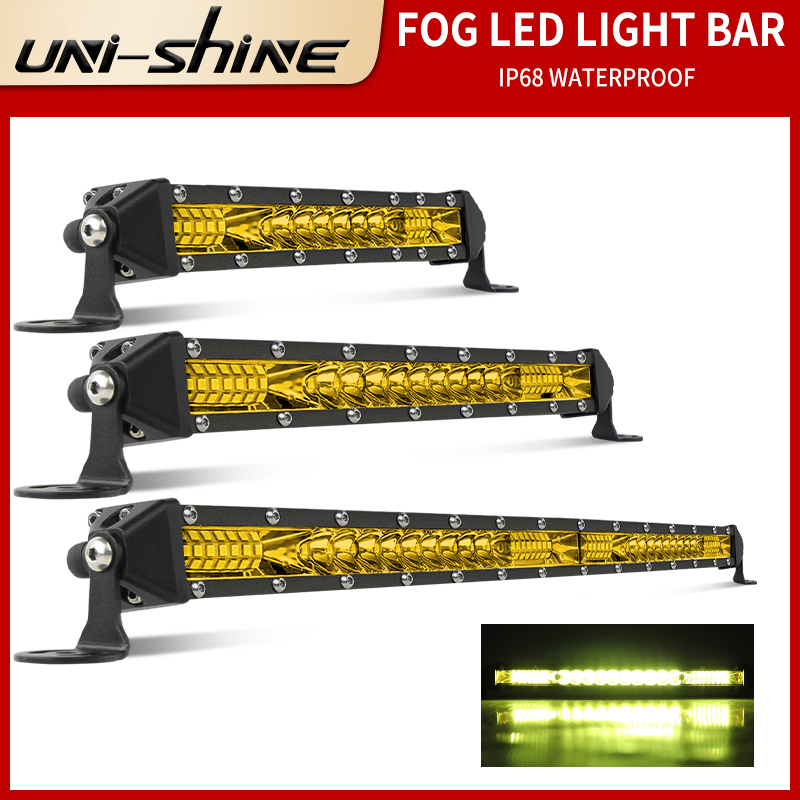 UNI-SHINE 7 inch 10 inch 20 inch hàng đơn Thanh ánh sáng LED mỏng 3000K Điểm lũ lụt màu vàng Thanh ánh sáng xe tải offroad cho ô tô ATV UTV Fog