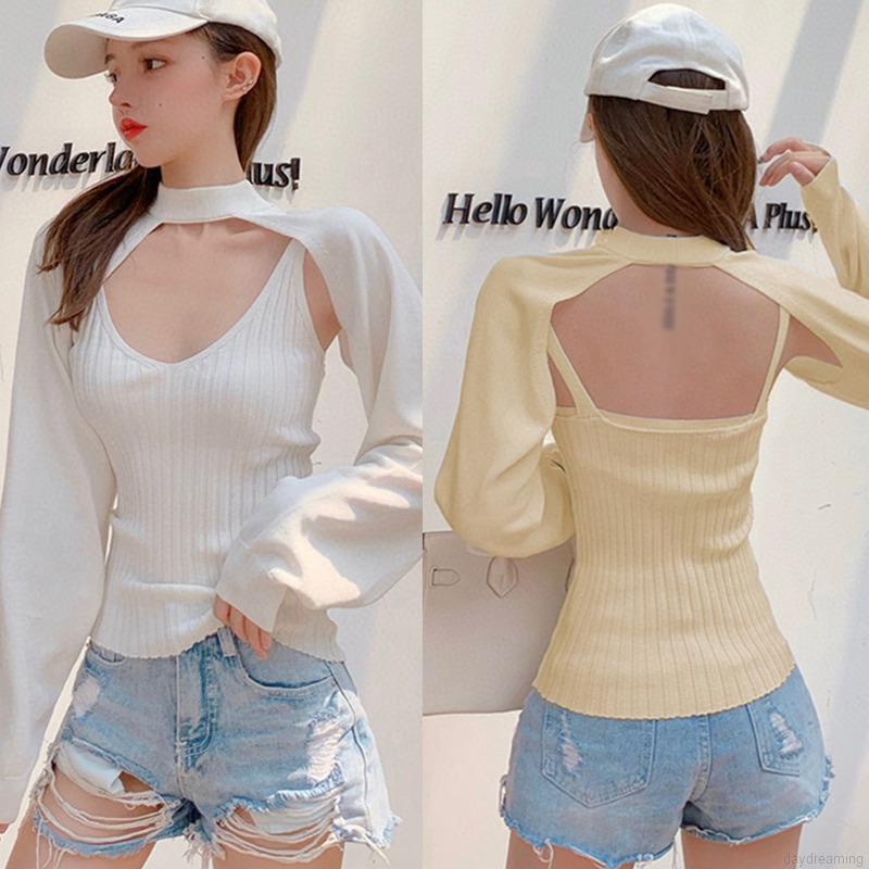 Áo Sweater Tay Dài Cổ Tròn Hở Lưng Màu Sắc Thanh Lịch