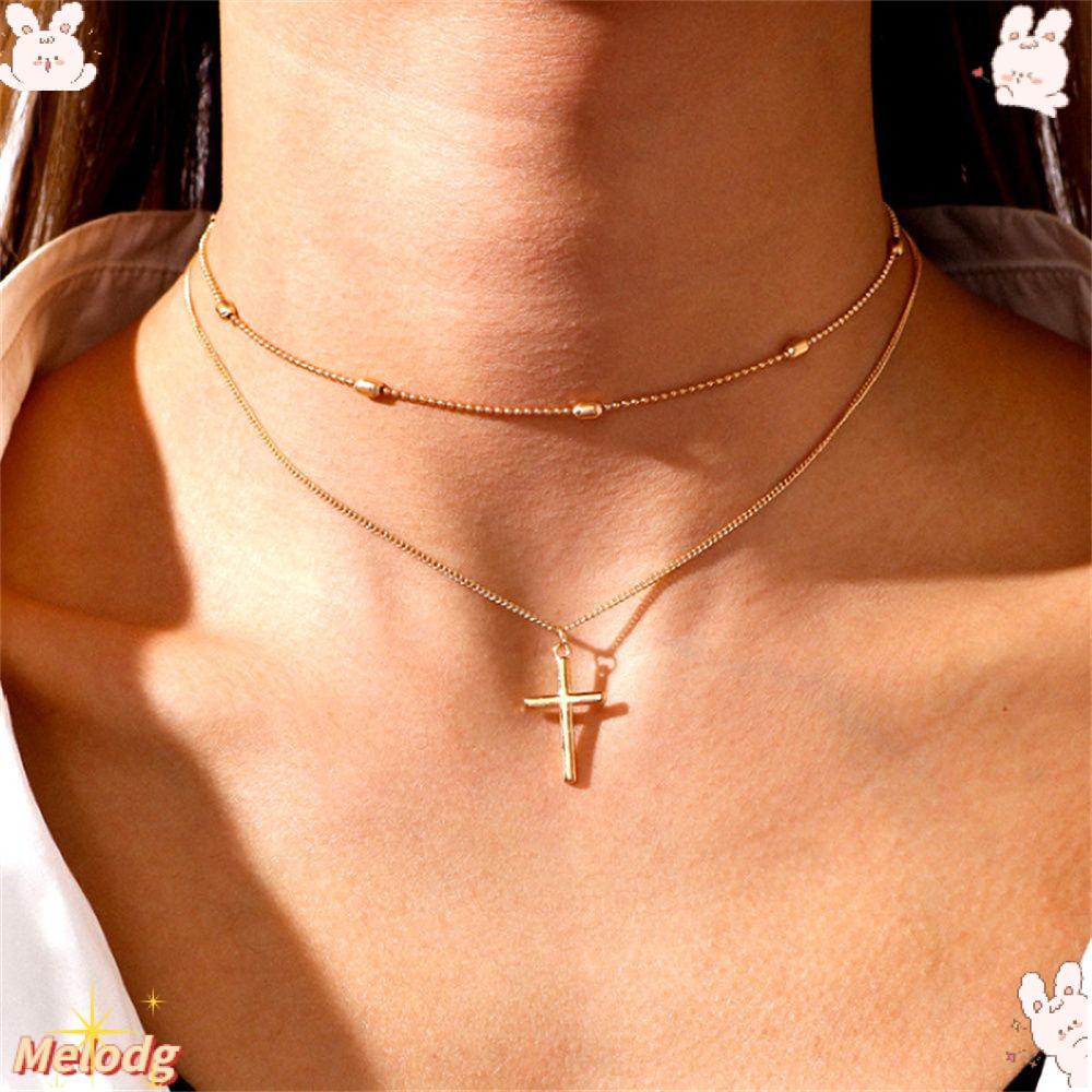 Vòng cổ Nhiều Lớp Mặt Oval Và Thánh Giá Nhiều Màu Sắc Phong Cách Tối Giản Lãng Mạn
