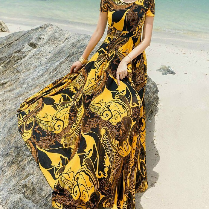 Váy Xòe Nữ Đi Biển, Đầm Maxi Dáng Dài Xòe Cổ Tròn Họa Tiết Thanh Lịch 2 Lớp Chất Voan Lụa Cao Cấp