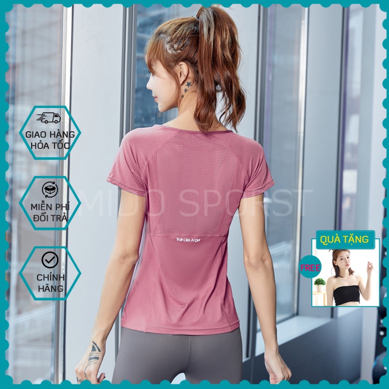 Áo thun tập gym nữ Mido A35, kiểu áo tập gym nữ tay ngắn phối lưới, chất liệu thoáng mát, co giãn 4 chiều