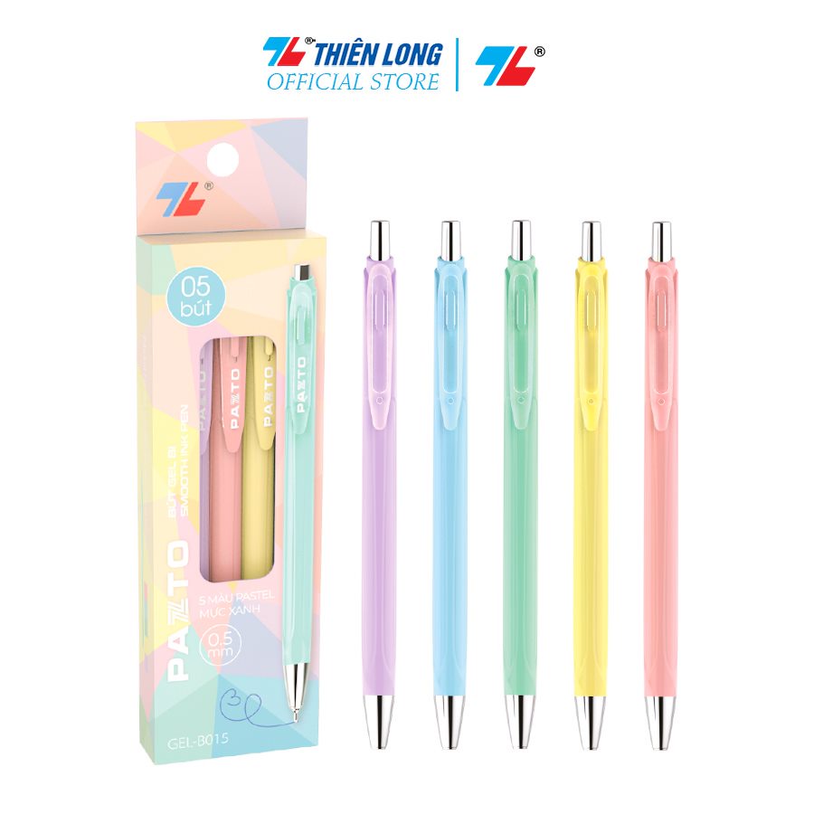 Hộp 5 bút gel Thiên Long Pazto ngòi 0.5mm Gel-B015 - Bút gel mực xanh viết trơn êm mực dầu, 5 tone pastel
