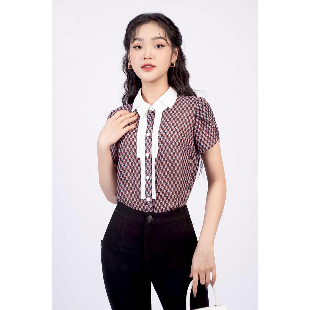 Áo sơ mi cổ đức hai tầng, tay nụ hồng, Nẹp áo may viền 1 nửa MMOutfit M-AO061021235