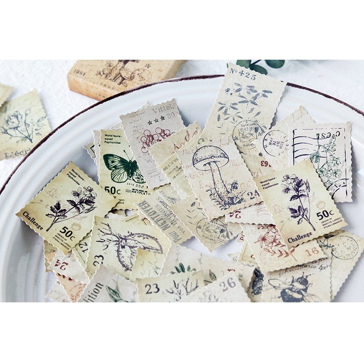 Hộp 46 miếng sticker mẫu tem cây nấm và khu rừng