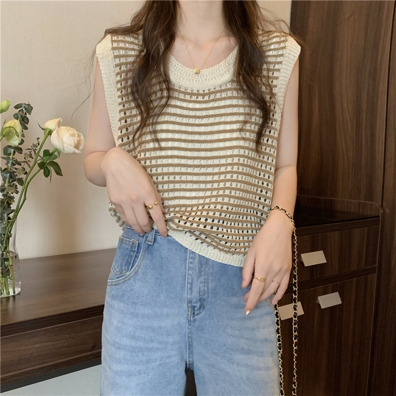 Áo Dệt Kim Hai Dây Dáng Rộng Họa Tiết Kẻ Sọc Thời Trang Cho Nữ