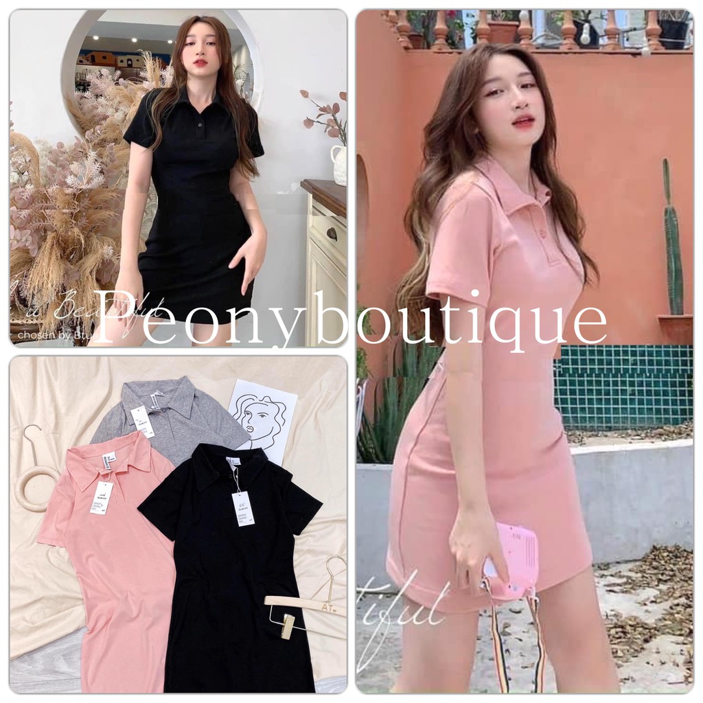 Váy Polo Trơn Pastel PEONYB Nữ [FREESHIP] 🌸 Đầm cổ sơ mi dáng ôm body, thun cộc tay màu ĐEN | HỒNG | XÁM Ulzzang HOT 🌸