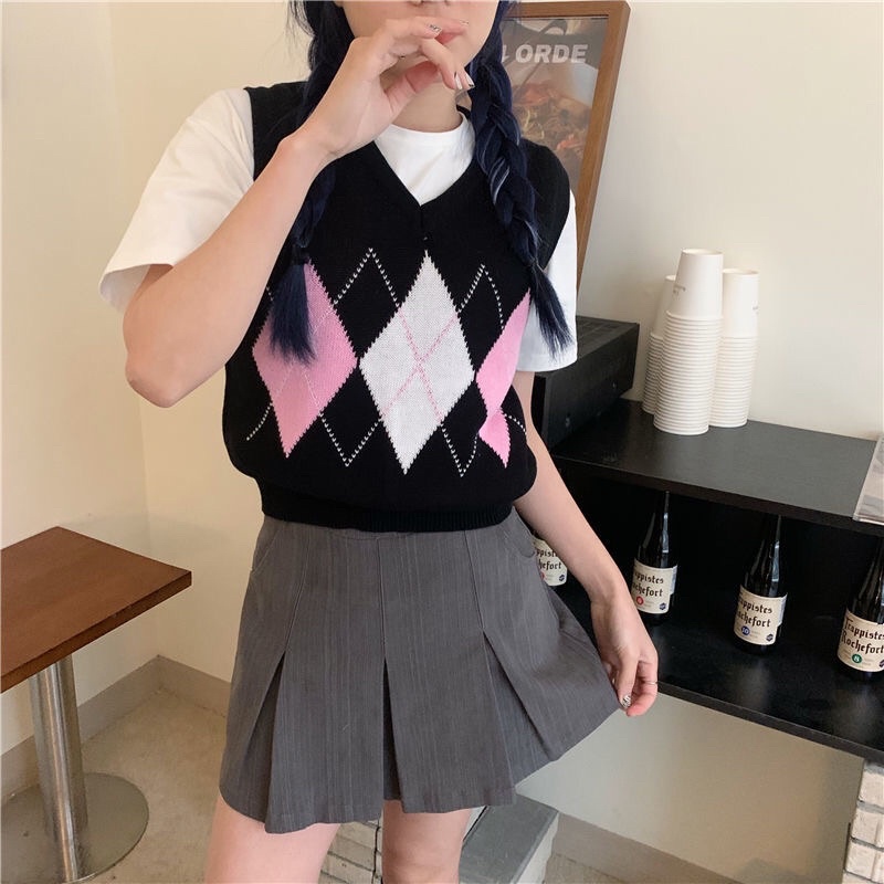 Áo Gile Len Cộc Tay Dáng Croptop Kẻ Hình Thoi Phong Cách Hàn Quốc