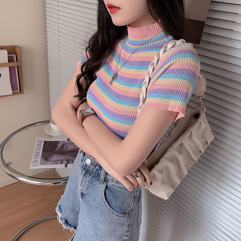 Áo Sweater Mỏng Tay Ngắn Kẻ Sọc Dáng Ôm Phong Cách Thời Trang Hàn Quốc Dành Cho Nữ | BigBuy360 - bigbuy360.vn