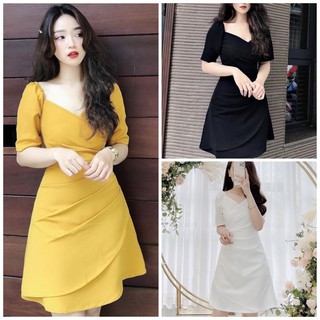 Đầm váy cổ V xếp li eo 3 màu
