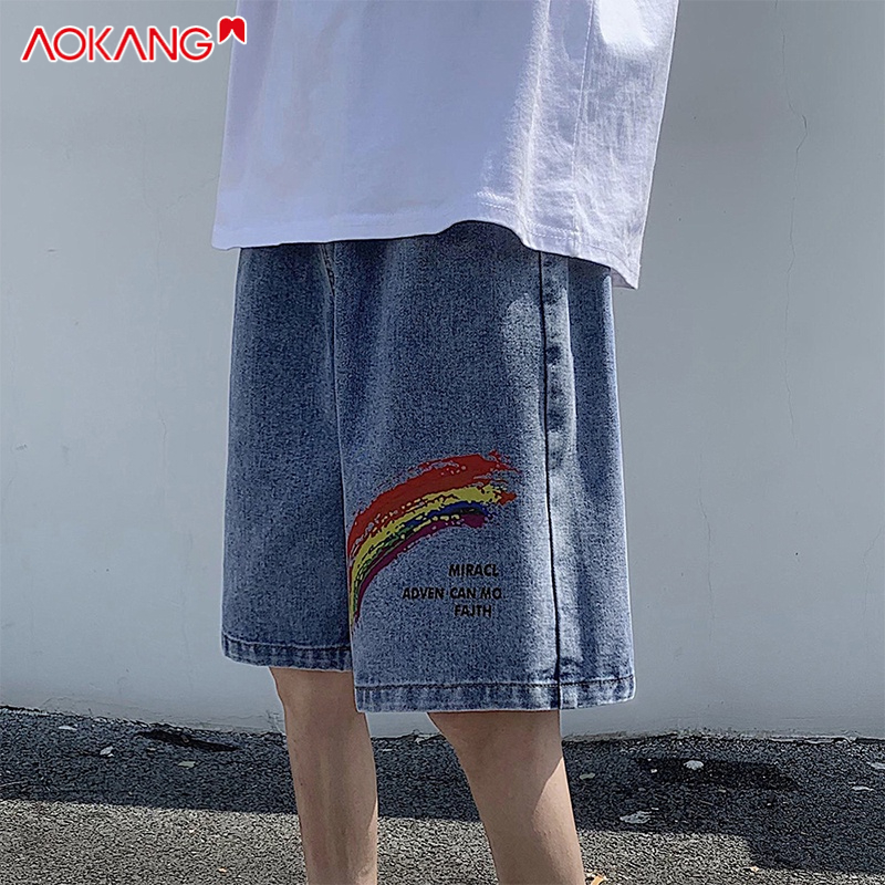 Quần đùi jean AOKANG ống rộng in họa tiết cầu vồng thời trang mùa hè dành cho nam