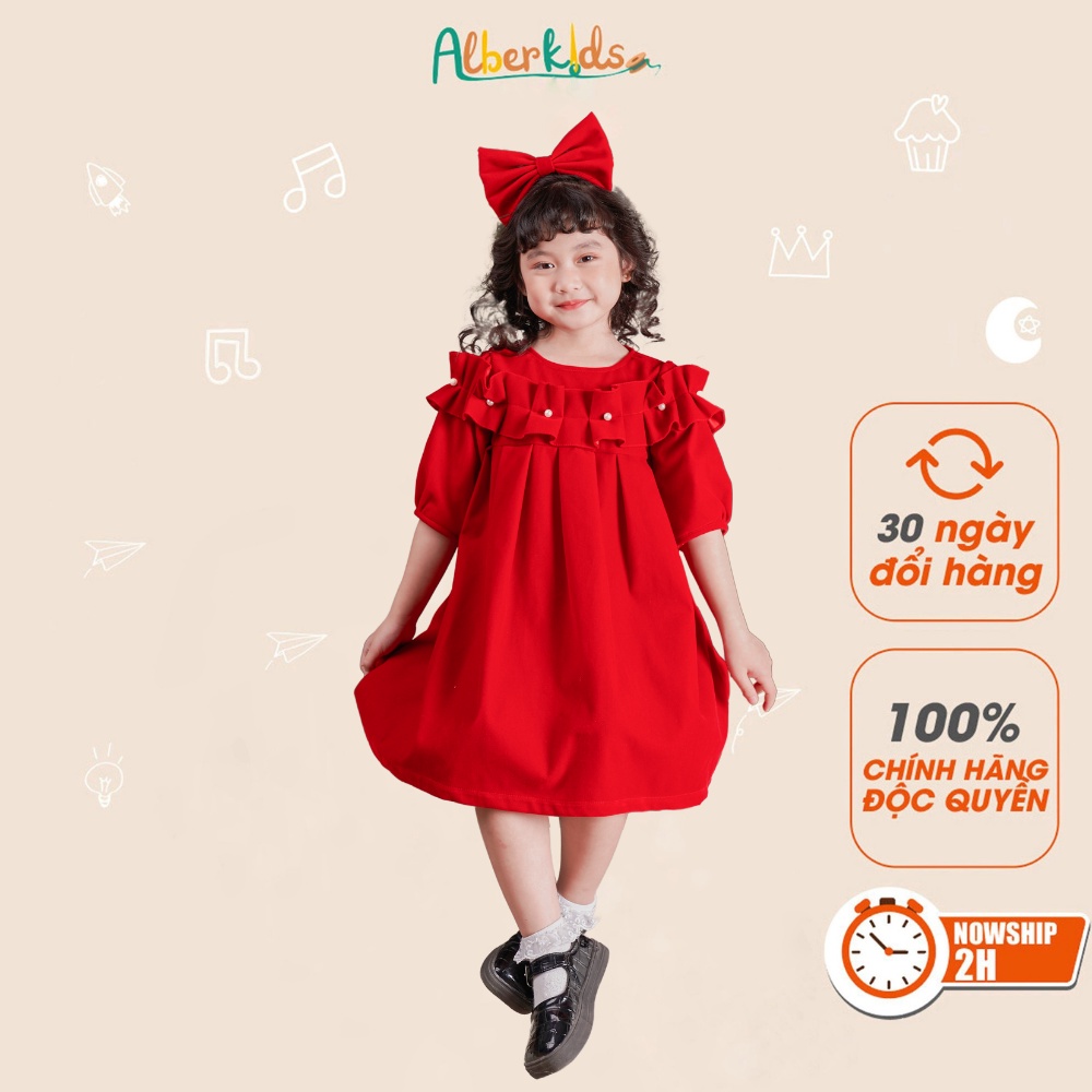 Váy bé gái ALBERKIDS nhung đỏ đính NGỌC dài tay công chúa xinh đẹp cho trẻ em gái từ 2,3,4,5,6,7,8,9,10,11,12 tuổi [V44]