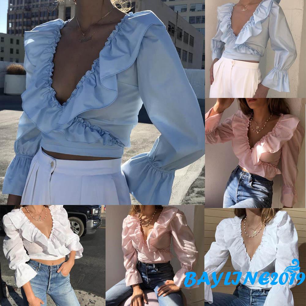 Áo tay dài cổ chữ V phối nhún bèo thời trang cá tính cho nữ