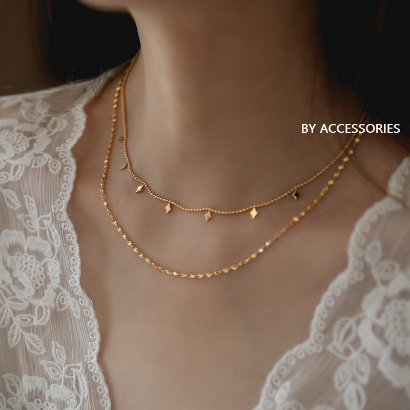 Vòng cổ titan 2 xích 2 tầng phối mặt hình thoi li ti không gỉ WNS19