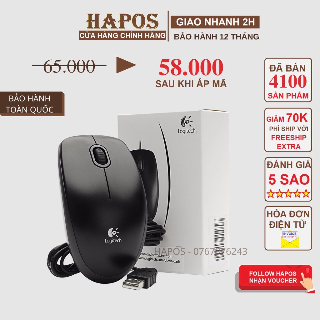 Chuột máy tính Logitech B100 Đen Chính Hãng Logitech Cho Laptop Để Bàn - HAPOS Phân phối chính hãng