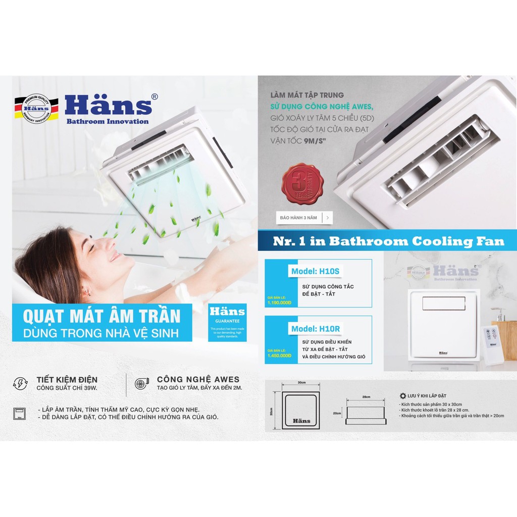 Quạt mát âm trần không điều khiển công nghệ Đức HANS dùng cho phòng bếp, nhà tắm H10-S