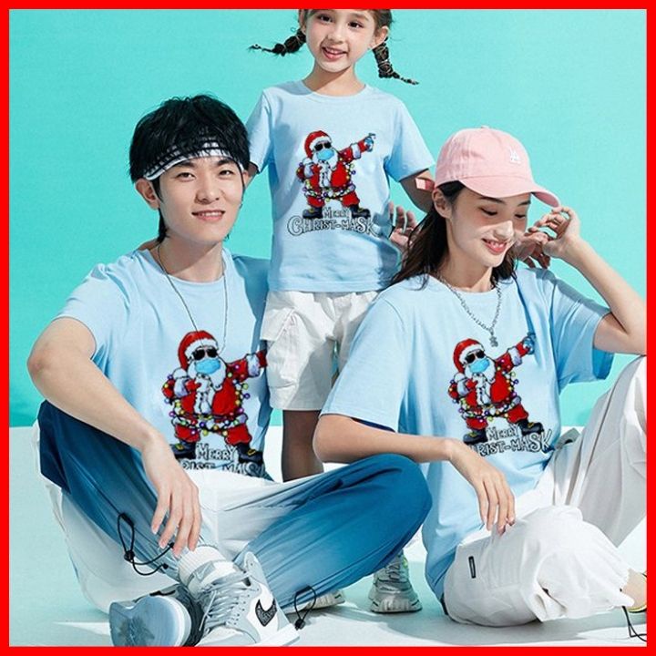 Áo Thun Gia Đình Màu Xanh Thiên Thanh In Hình Ông Già NOEL Local Brand DLX Áo Gia Đình Đẹp