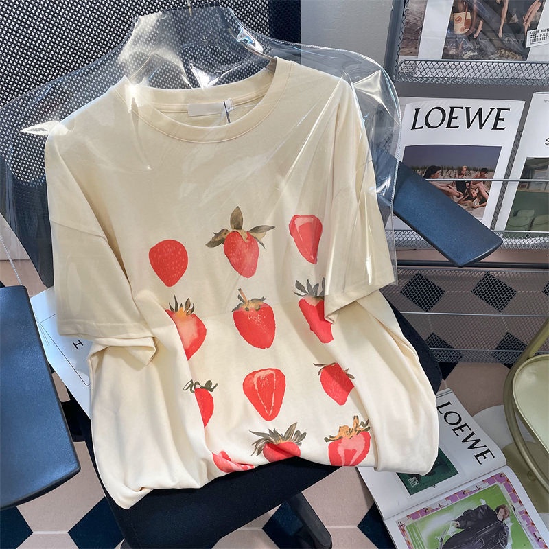 Áo Thun Tay Ngắn Dáng Rộng Hoạ Tiết Dâu Tây Phong Cách Retro