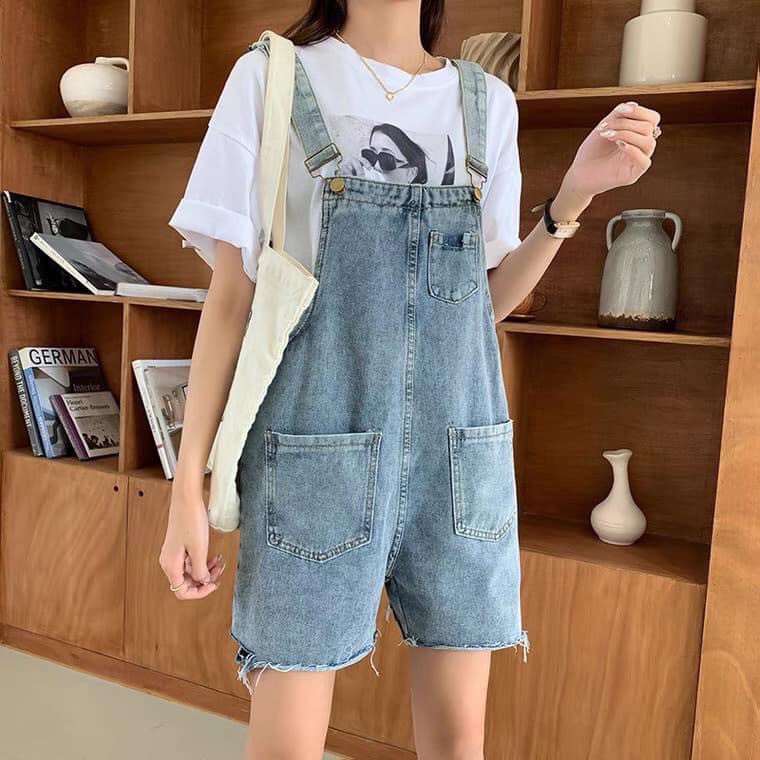 Yếm quần jean nữ dáng ngắn ống rộng unisex oversize chất bò dày dặn màu xanh nhạt phong cách ulzzang hàn quốc