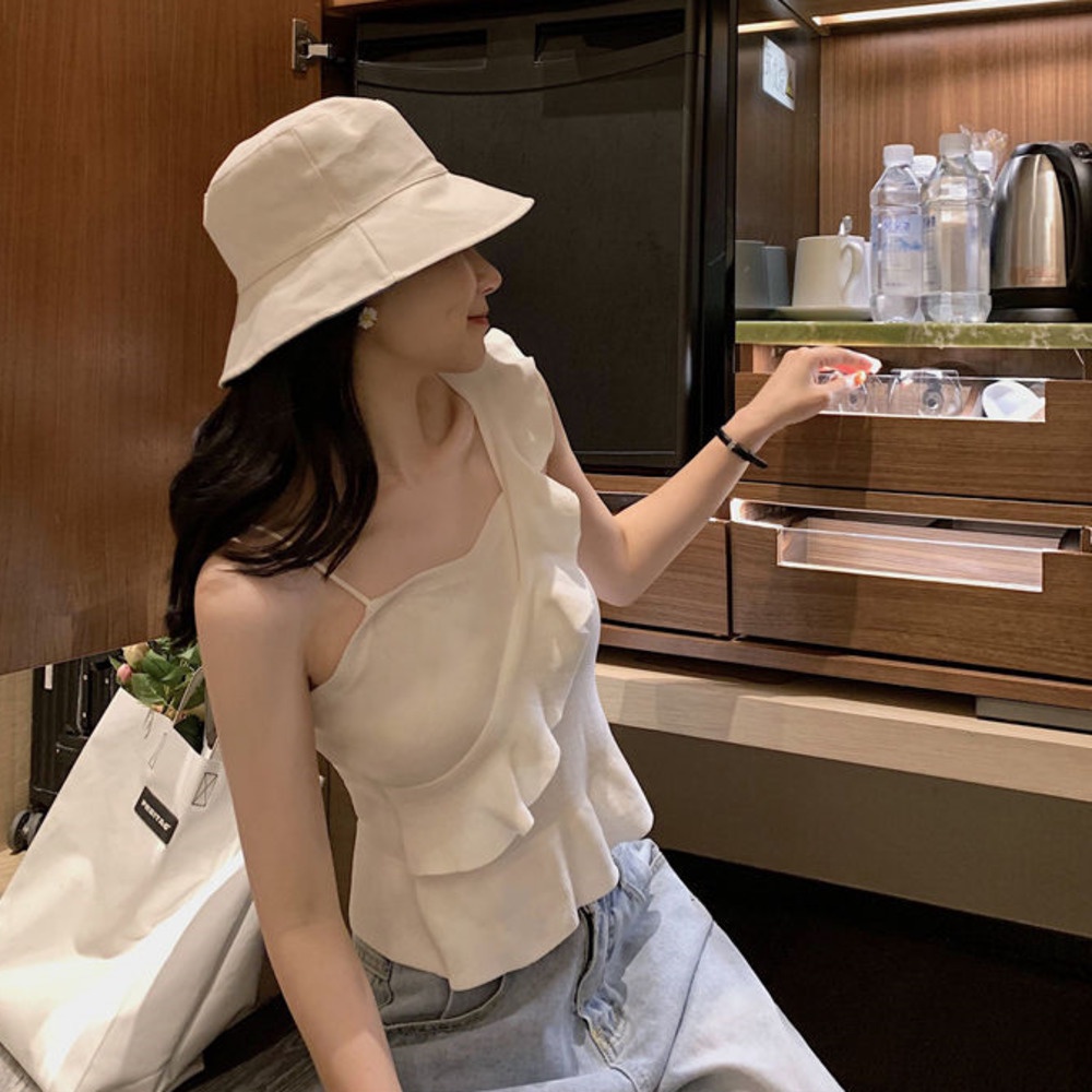 Áo Tank Top Dệt Kim Hở Lưng Phối Diềm Thời Trang