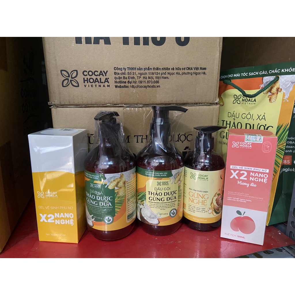 Combo 3 sản phẩm Bộ dầu gội và xả gừng dừa + Dung dịch x2 nano nghệ (đào) + Sữa tắm chống cảm gừng nghệ