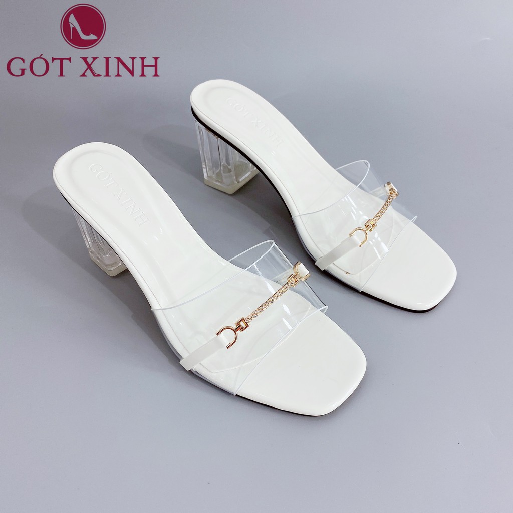 Dép cao gót nữ GÓT XINH D3 mũi vuông quai ngang chất mika đính đá đế cao 5cm