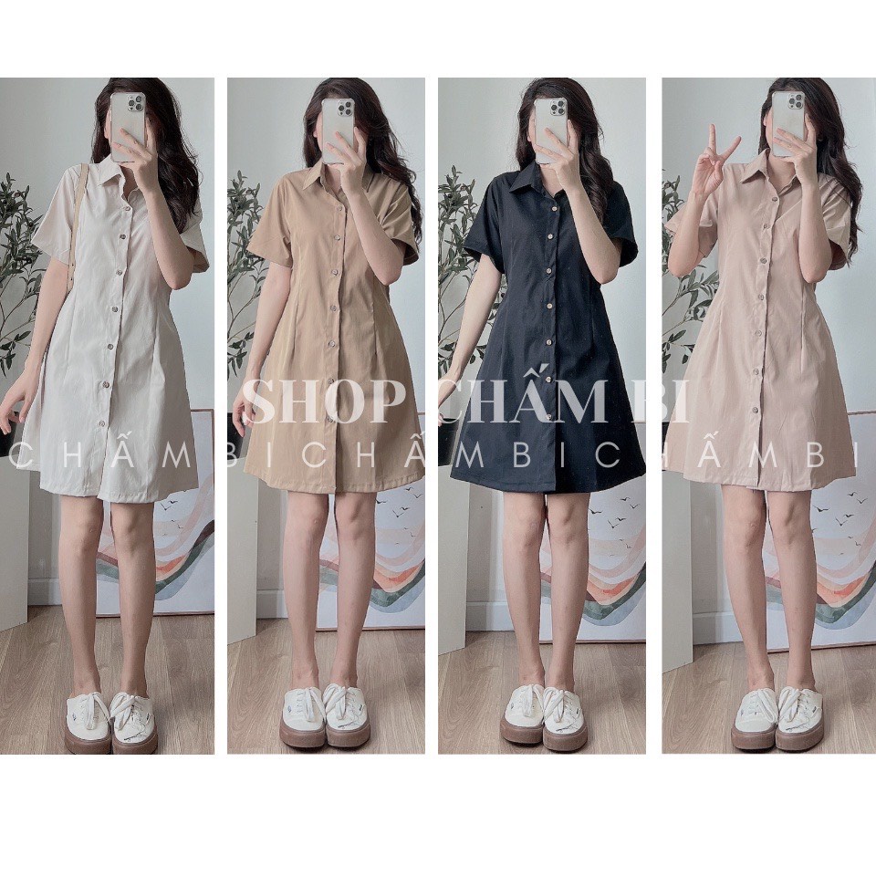 Váy Sơ Mi Chun Lưng Vải Thô Tay Ngắn Đầm Sơ mi Dáng Xòe Chun Lưng