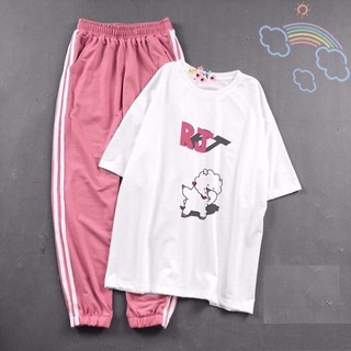 Sét Bộ Quần Áo Nữ Mùa Hè, Mặc Ở Nhà, Áo Phông Cotton Mát Mịn In Cún Tiền Kèm Quần Thun Sọc Bo Gấu Phong Cách Hàn Quốc